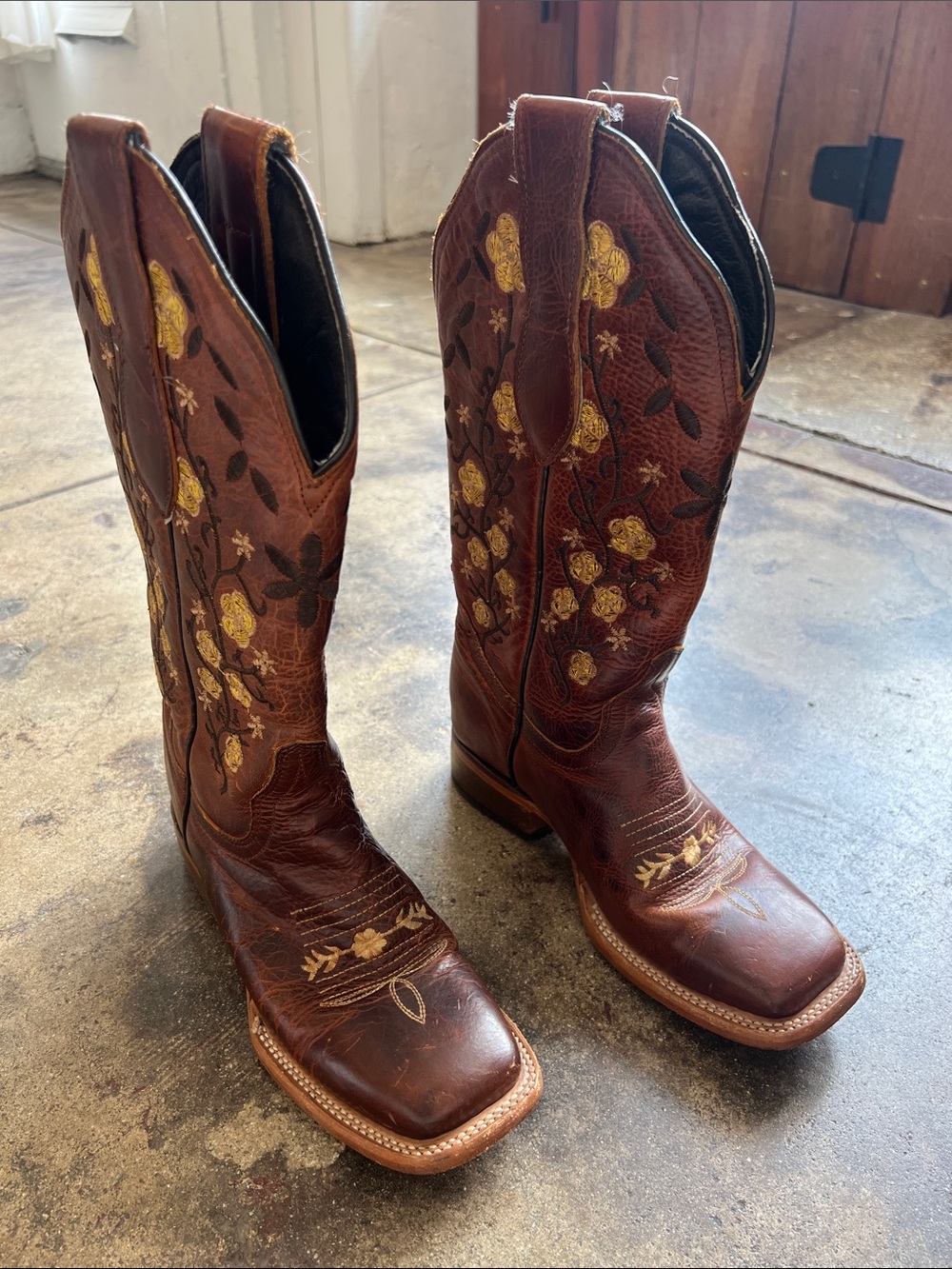 J.B. Dillon Brown Leather Western Boots with Gold Floral Embroidery